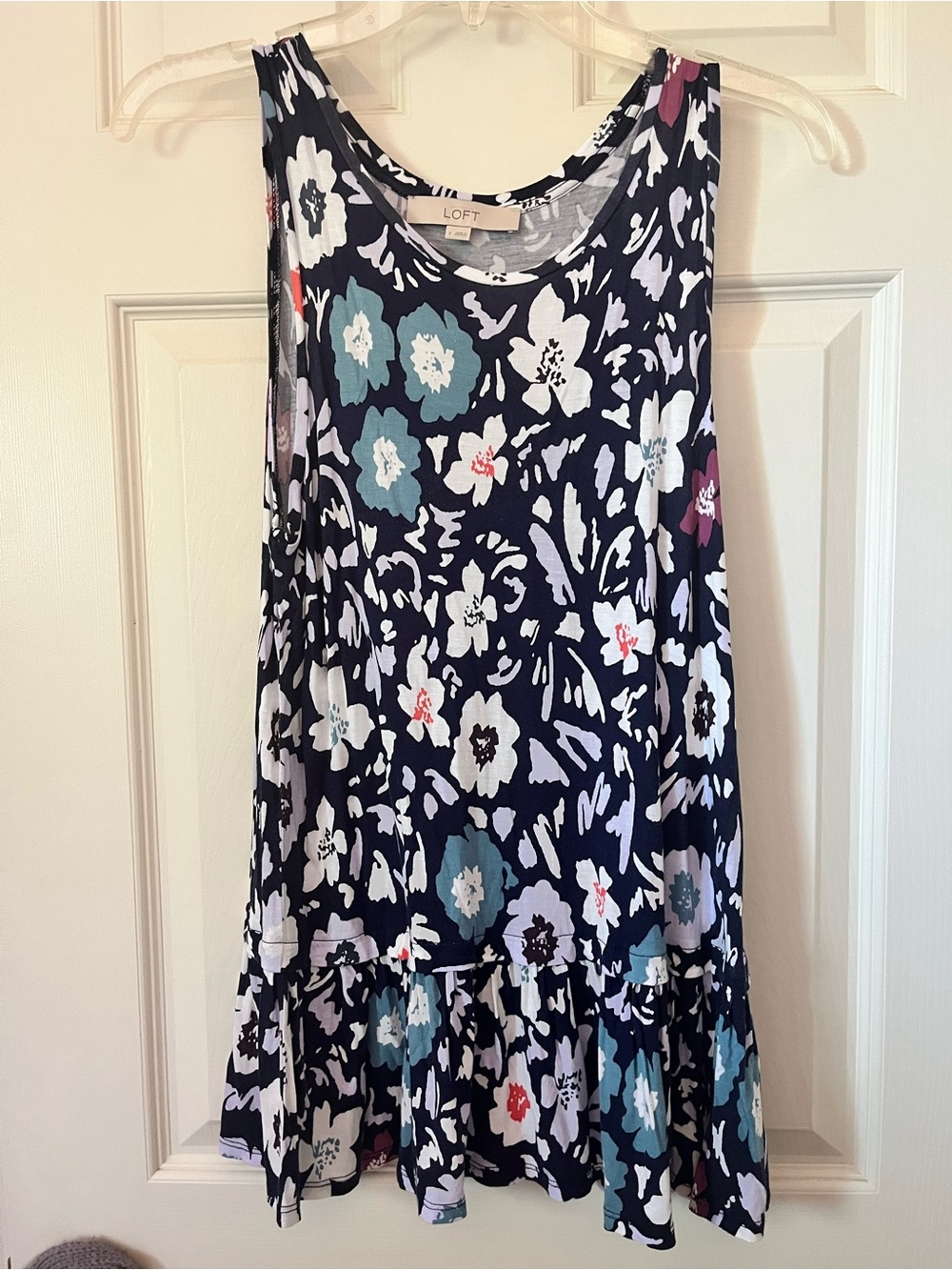 ann taylor LOFT navy floral tank top with teal and lavender blooms